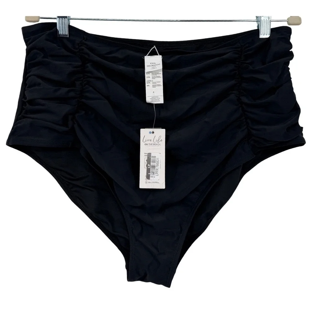 Cupshe‎ NEW Bikini Bottoms Women XXXL Black High Waisted Tummy Contouring Ruched
